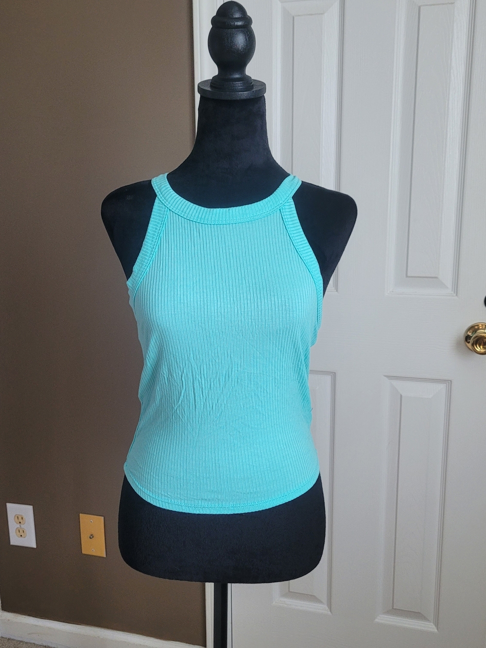 Caution To The Wind Ribbed Halter Tank Top - Aqua/Teal